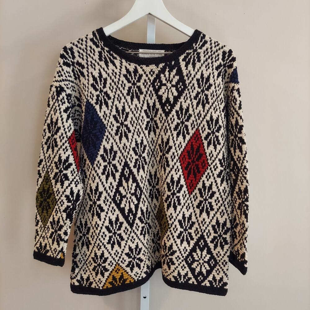 Jones New York Sport Petite Hand Knit Linen Cotton Snowflake Sweater PM Black